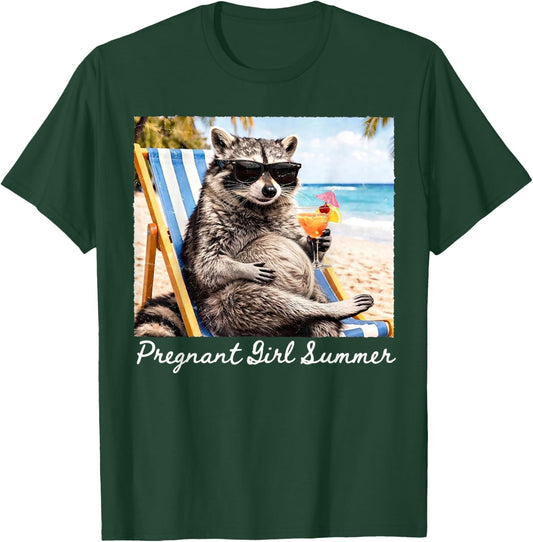 Pregnant Girl Summer Funny Baby Announcement Raccoon Mom T-Shirt - T-Shirt | Forest