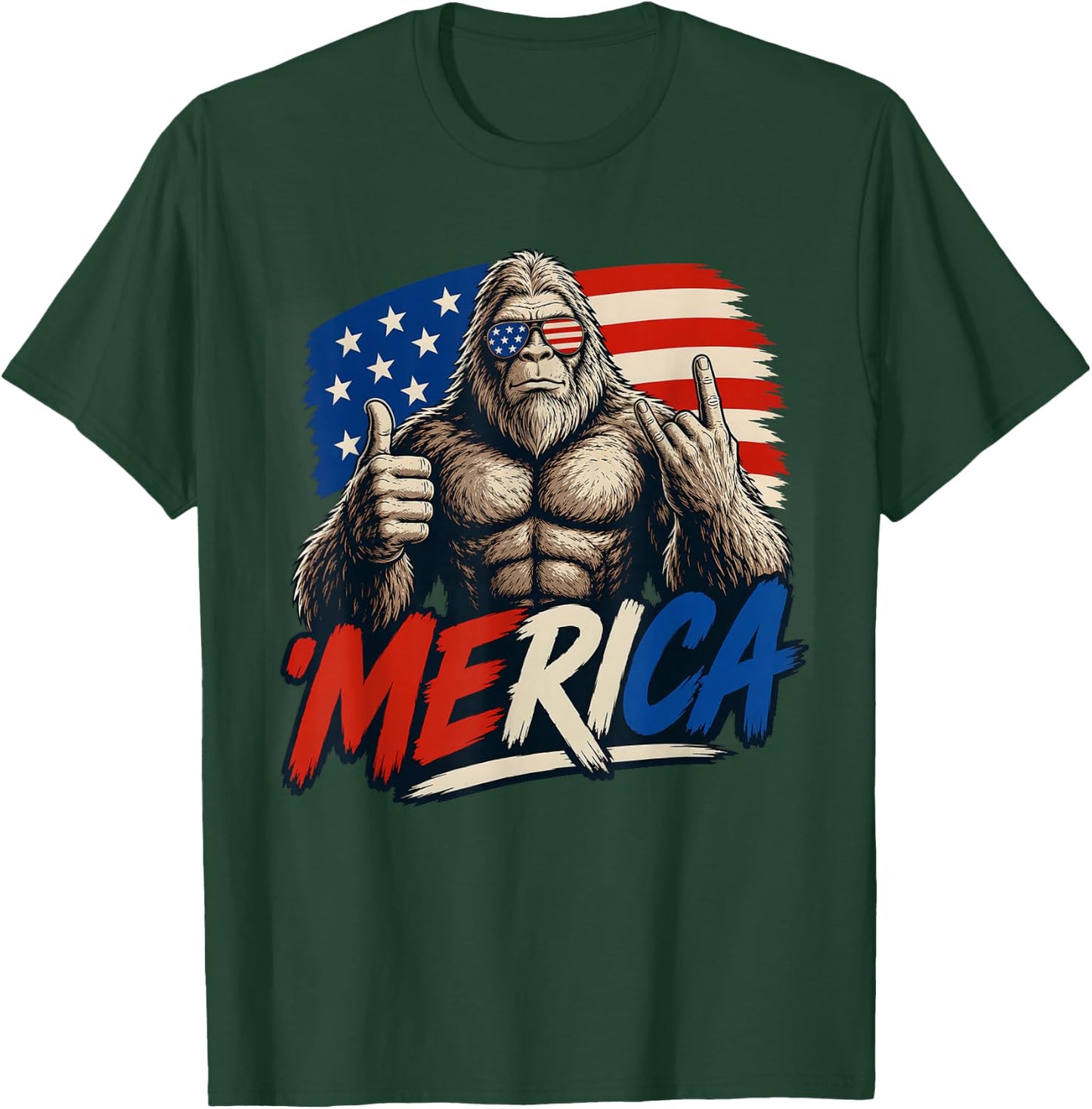 Bigfoot 'Merica Rock Thumbs Up American Flag 4th of July T-Shirt - T-Shirt | Forest
