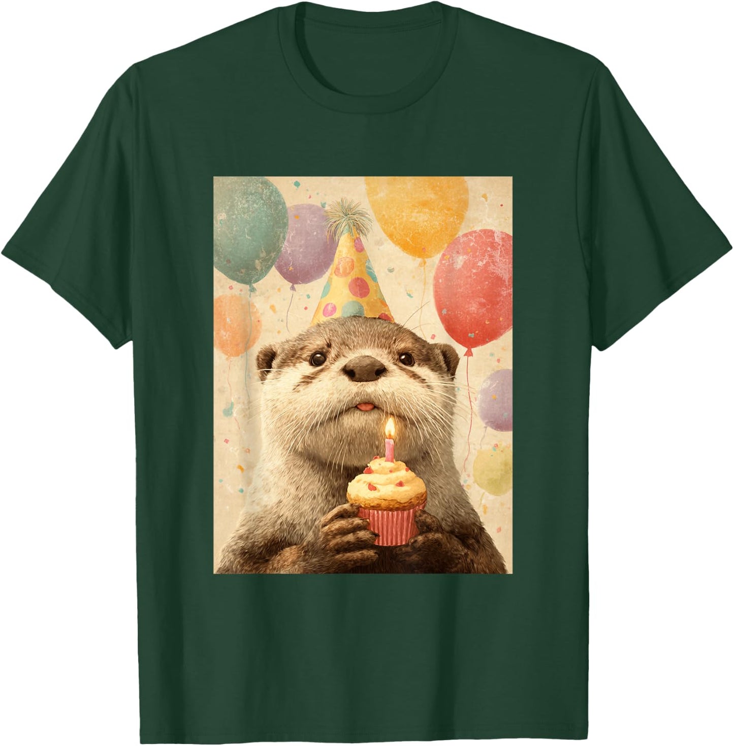 Otter Retro Art Print Birthday Party Balloons & Cupcake T-Shirt - T-Shirt | Forest