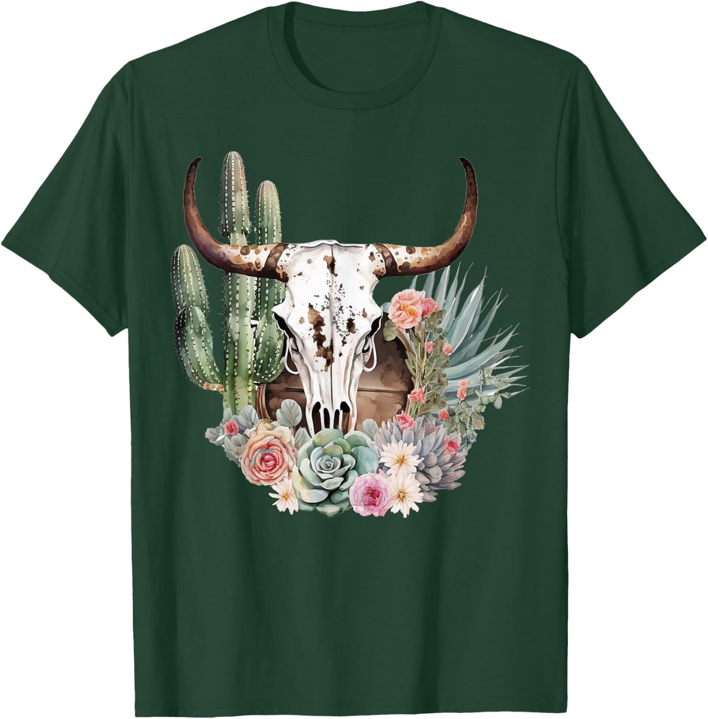 Western Boho Chic Longhorn Bull Skull Cactus Beige Pattern T-Shirt - T-Shirt | Forest