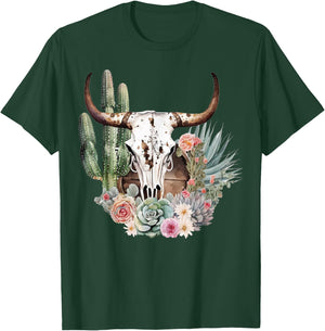 Western Boho Chic Longhorn Bull Skull Cactus Beige Pattern T-Shirt - T-Shirt | Forest
