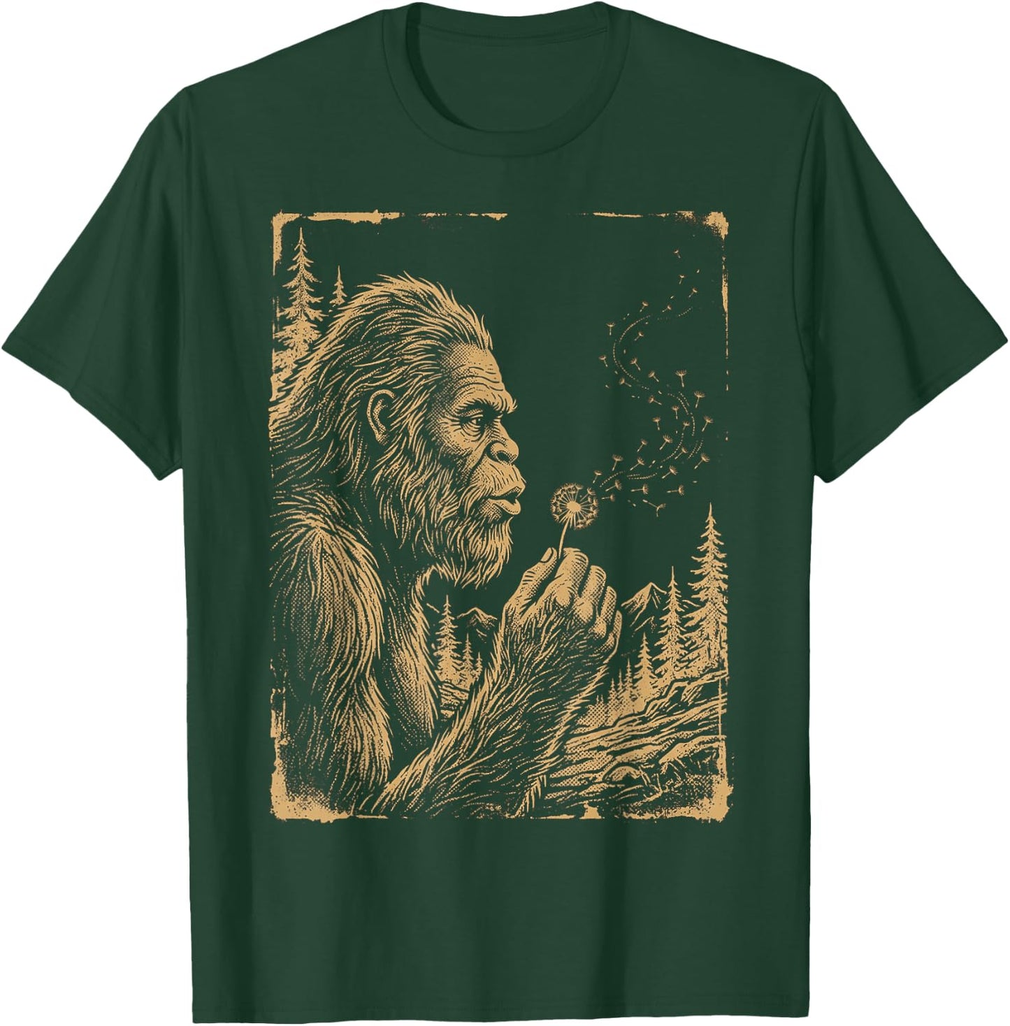 Funny Bigfoot Blowing Wishes Dandelion Vintage Art T-Shirt - T-Shirt | Forest