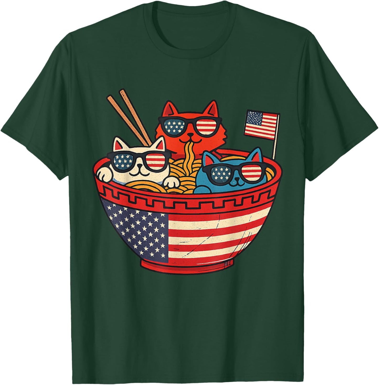 Cats Ramen Anime American Flag USA Funny 4th Of July Fourth T-Shirt - T-Shirt | Forest