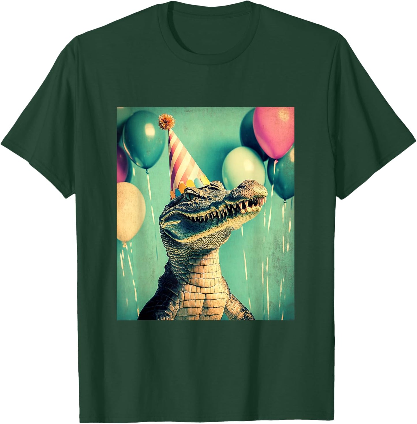 Crocodile Retro Art Print Birthday Party Balloons Party Hat T-Shirt - T-Shirt | Forest