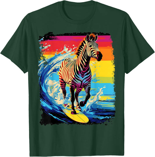 Pop Art Vintage Zoo Animal Zebra Paddle Board Surfing T-Shirt - T-Shirt | Forest