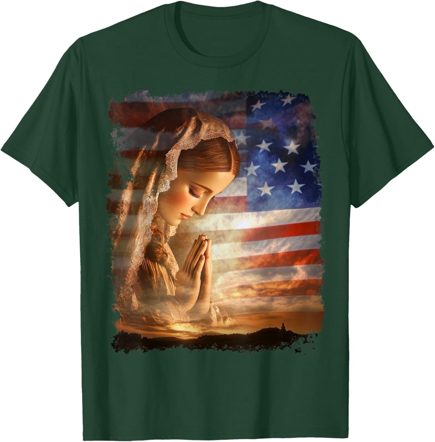 USA American US Flag The Virgin Mary T-Shirt - T-Shirt | Forest