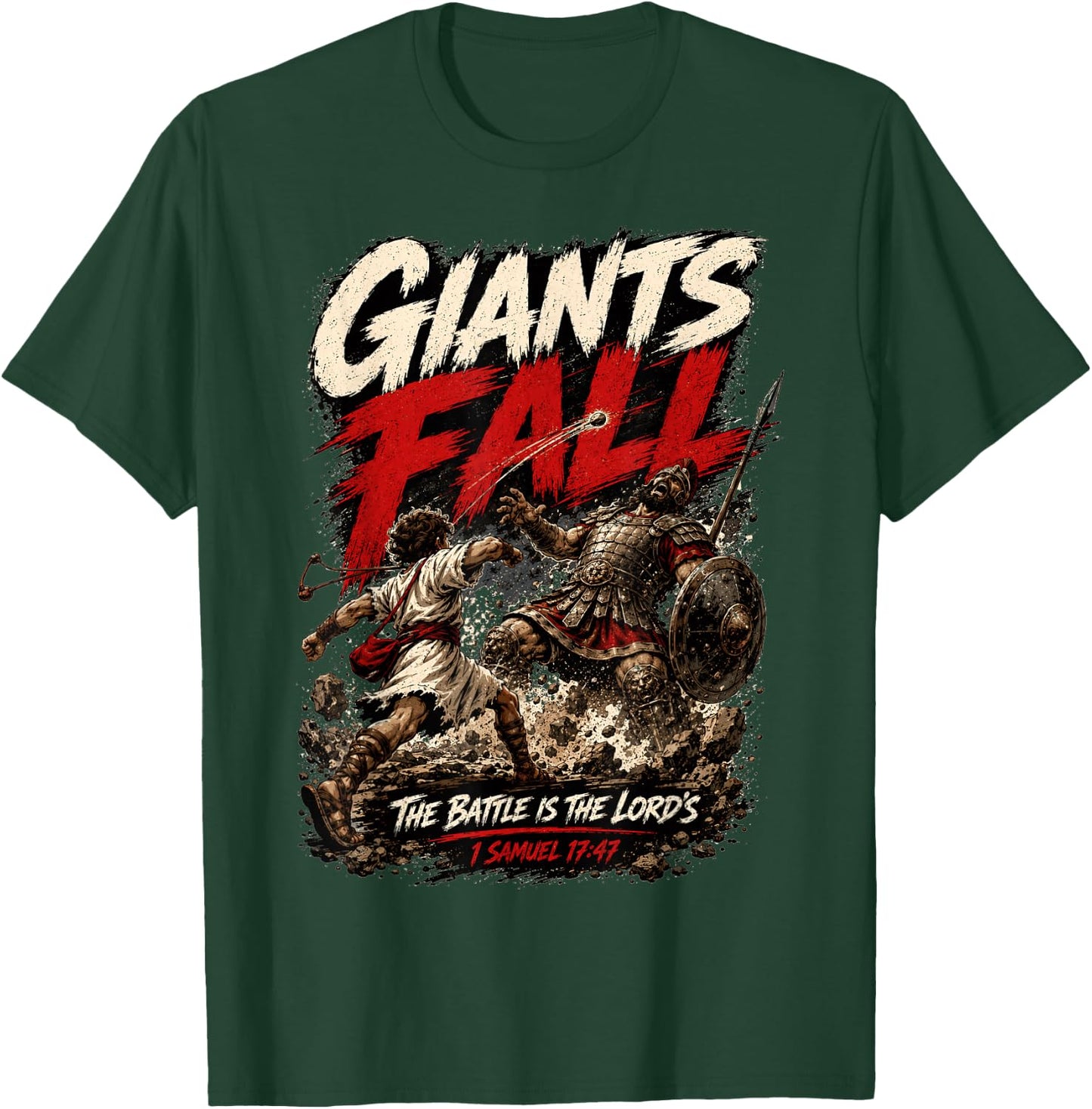Giants Fall The Battle is The Lord's David and Goliath Bible T-Shirt - T-Shirt | Forest