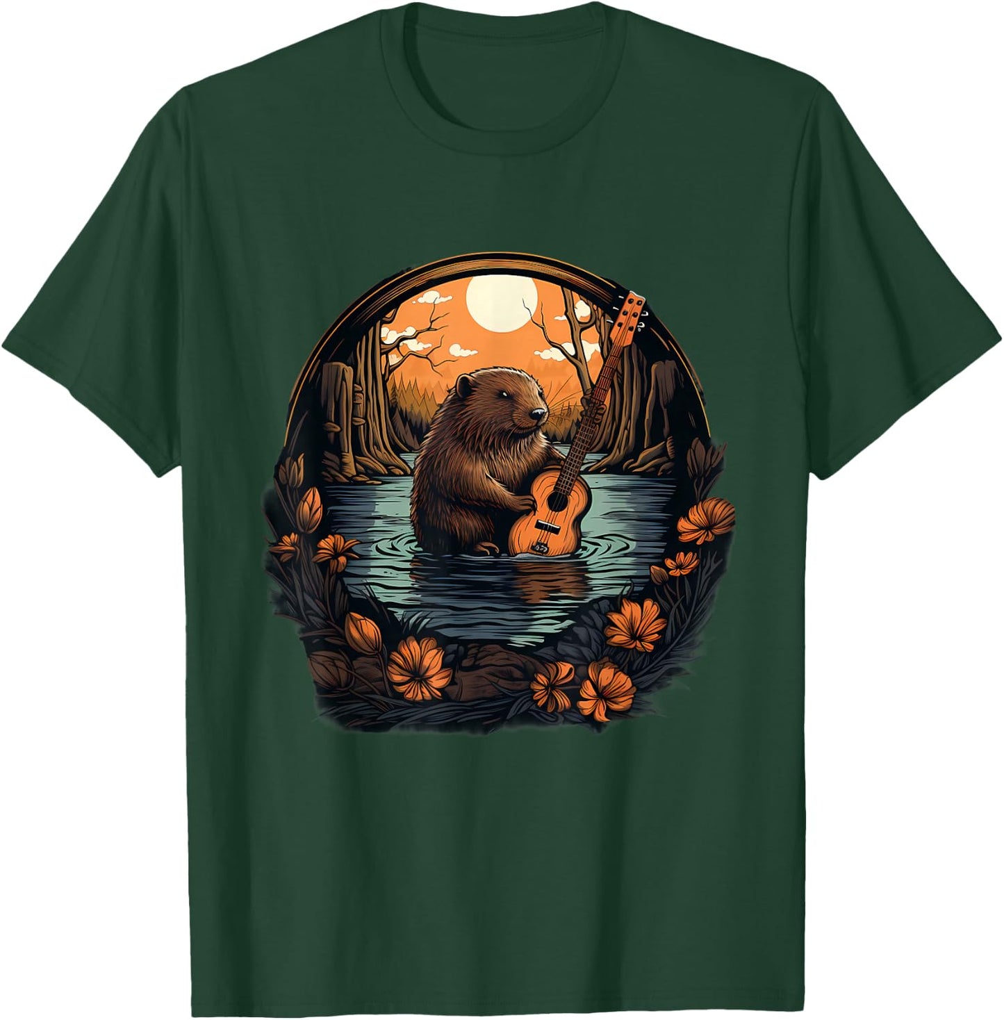 Beaver Nature Guitar Landscape Wildlife Artwork Animal Art T-Shirt - T-Shirt | Forest