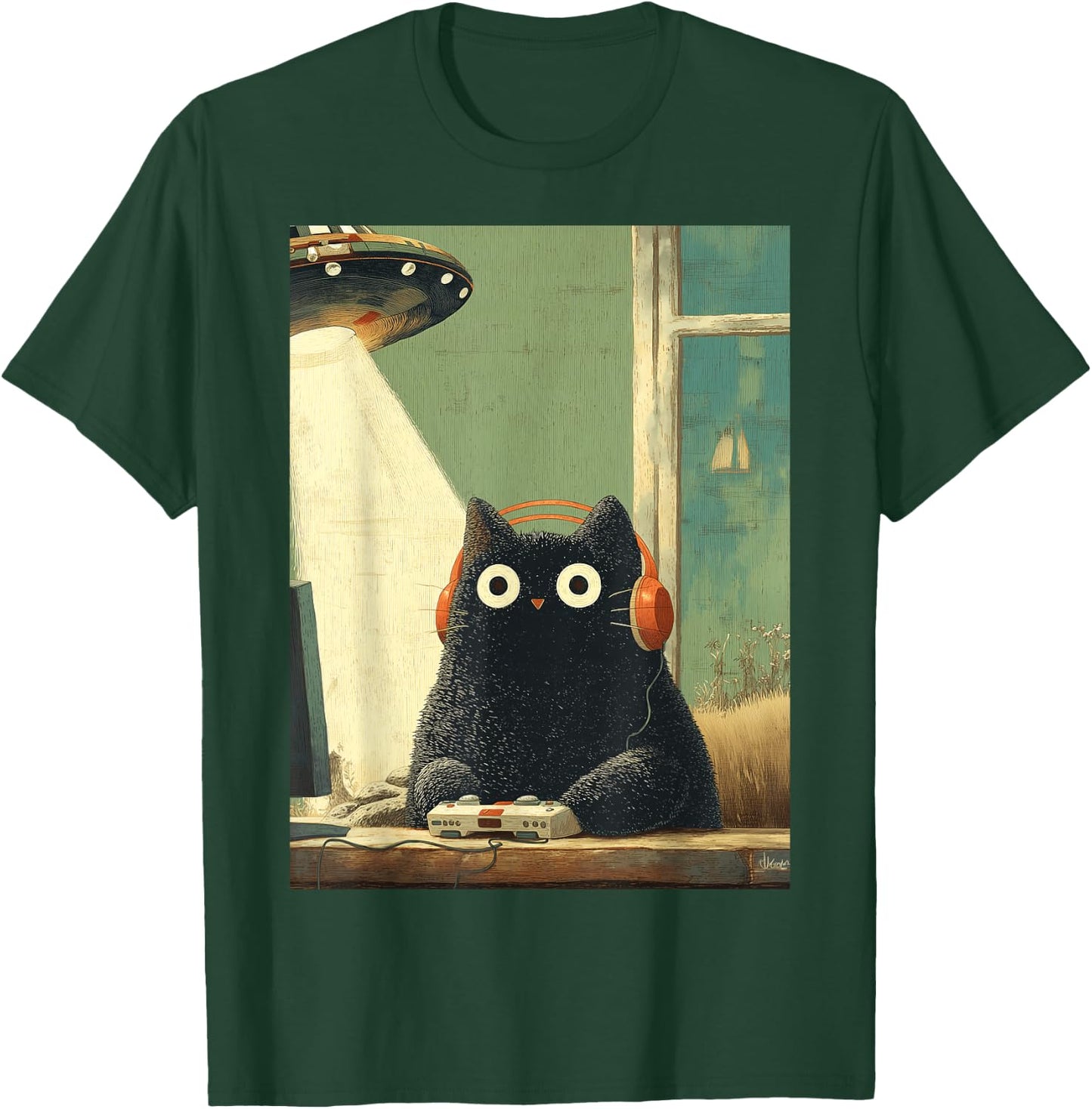Japanische Schwarze Gamer Cat Videospiele Abduktion UFO Space T-Shirt - T-Shirt | Forest