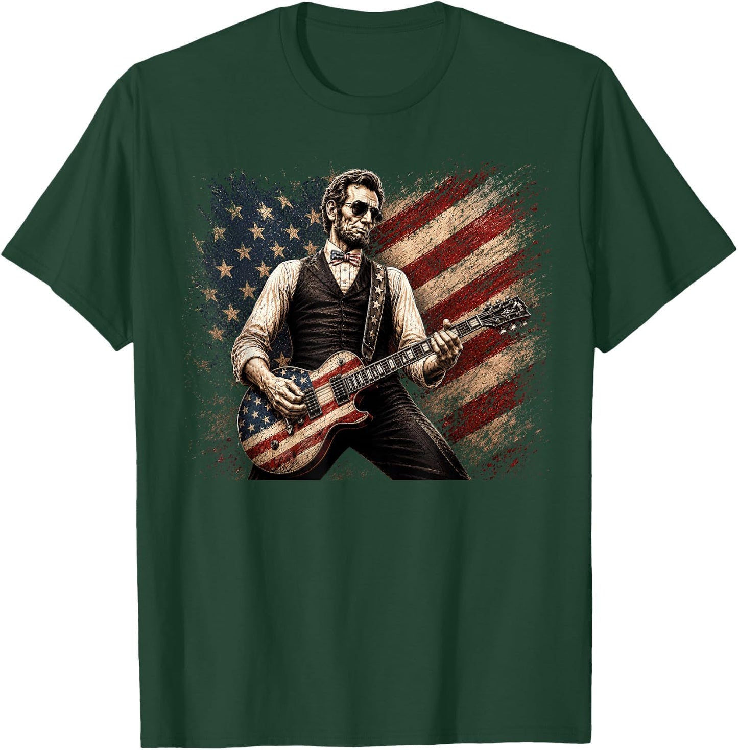 Abraham Lincoln Playing Guitar Rock and Roll American Flag T-Shirt - T-Shirt | Forest