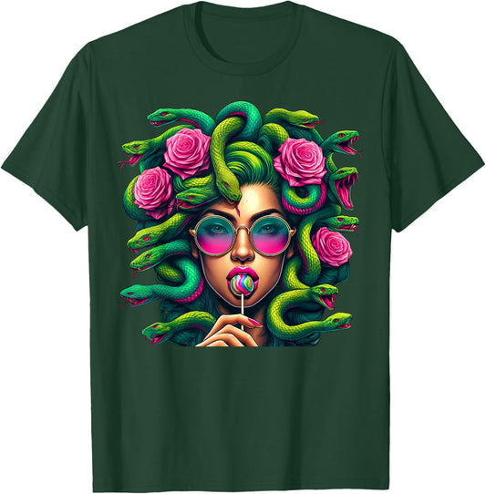 Medusa Snakes Roses Lollipop Floral Greek Mythology T-Shirt - T-Shirt | Forest