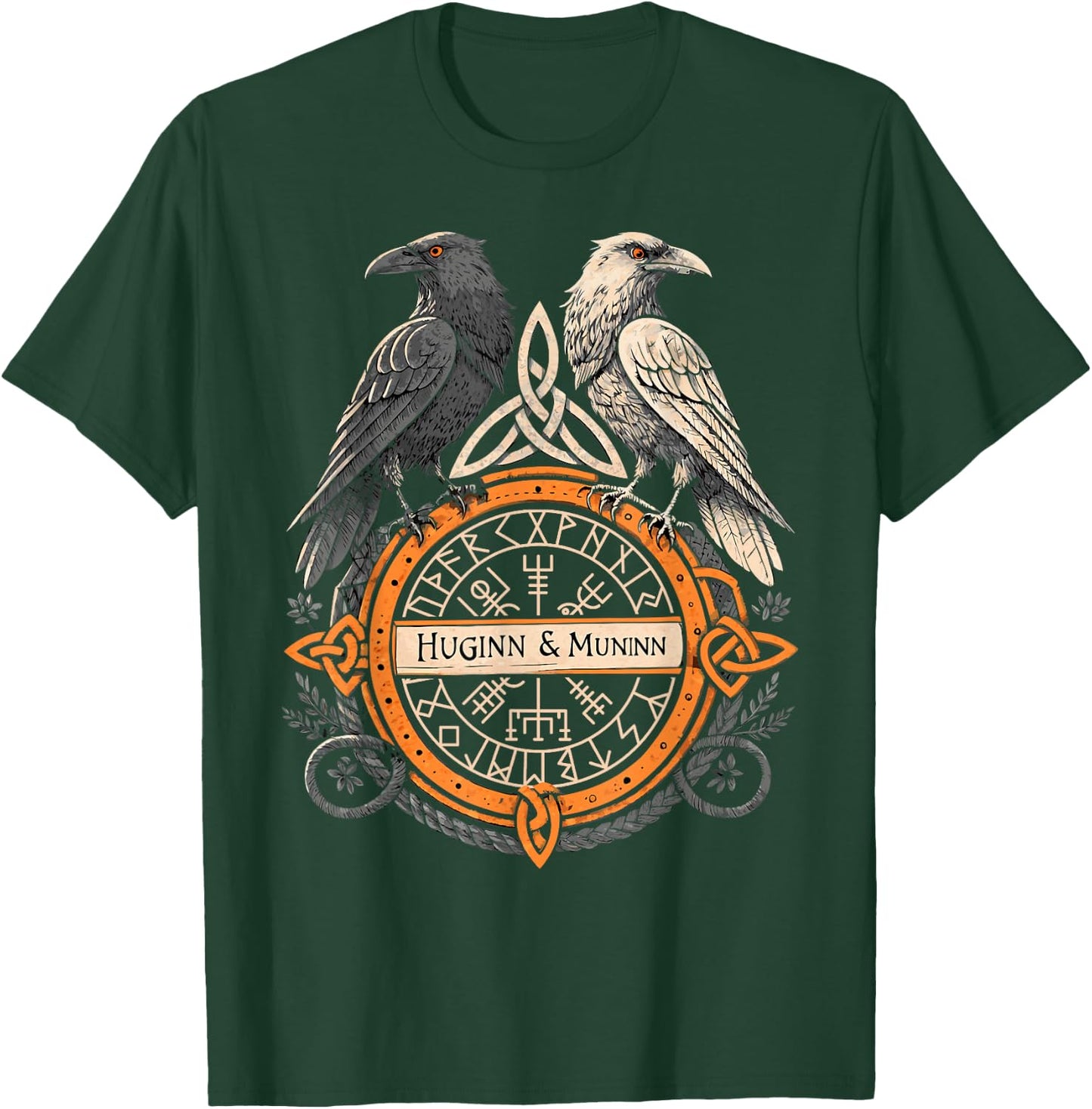 Viking Raven Huginn and Muninn Celtic Norse Compass Vegvisir T-Shirt - T-Shirt | Forest