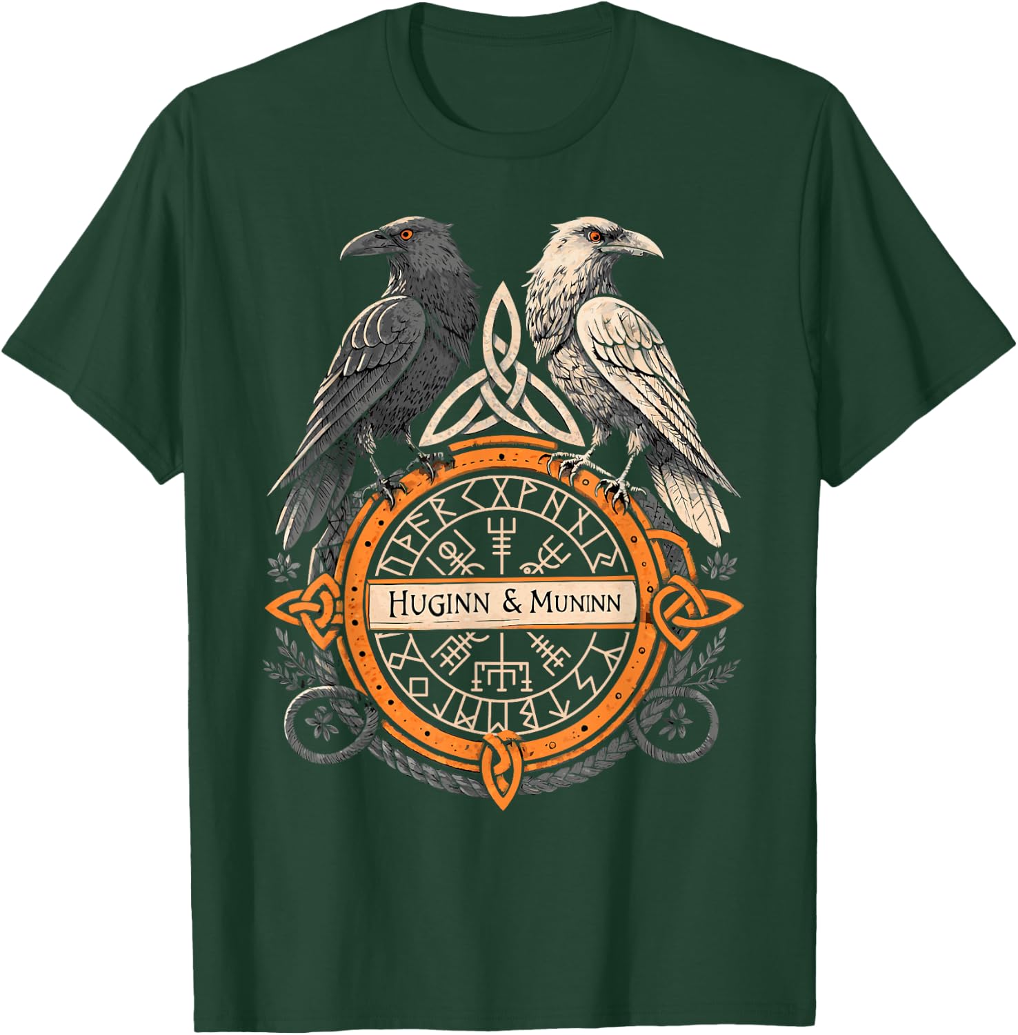 Viking Raven Huginn and Muninn Celtic Norse Compass Vegvisir T-Shirt - T-Shirt | Forest