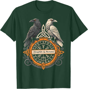 Viking Raven Huginn and Muninn Celtic Norse Compass Vegvisir T-Shirt - T-Shirt | Forest