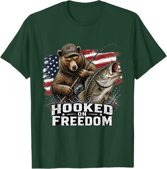 Hooked On Freedom Bear Fishing Patriotic USA Gift T-Shirt - T-Shirt | Forest