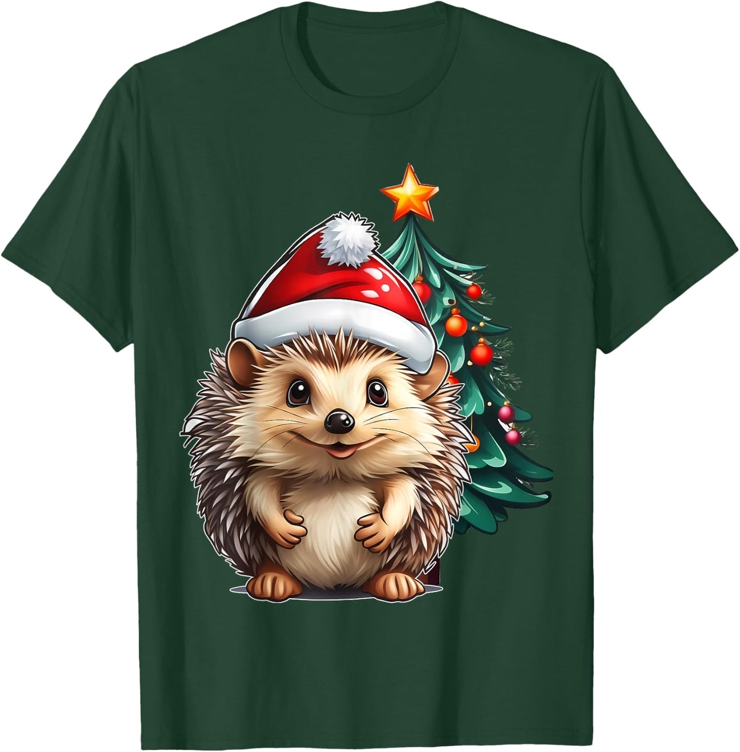 Aesthetic Christmas Hedgehog Santa Hat Xmas Tree Custom T-Shirt - T-Shirt | Forest