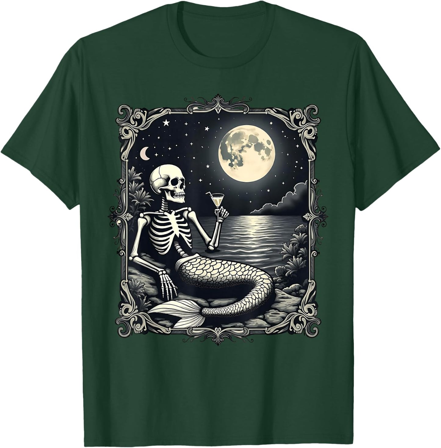 Funny Skeleton Mermaid at Full Moon Cool Mermaid Graphic T-Shirt - T-Shirt | Forest