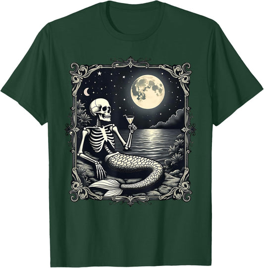 Funny Skeleton Mermaid at Full Moon Cool Mermaid Graphic T-Shirt - T-Shirt | Forest