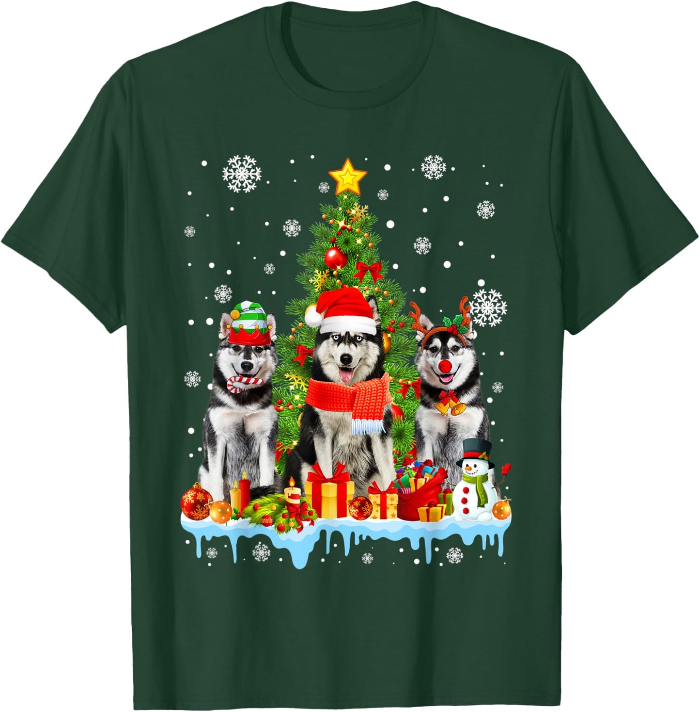 Funny Siberian Husky Dog Christmas Tree Women Men Kids T-Shirt - T-Shirt | Forest