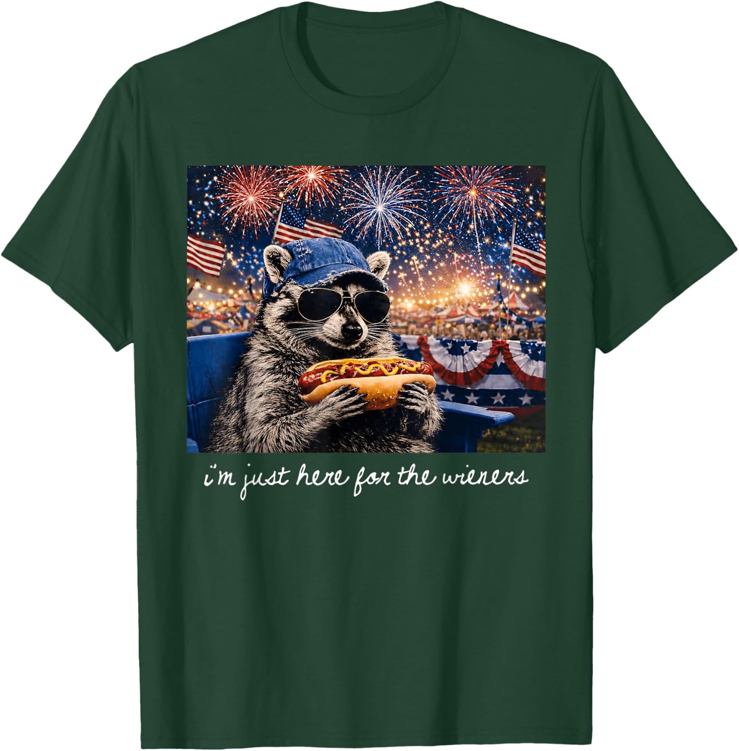 I'm Just Here for The Wieners Raccoon Fireworks 4th of July T-Shirt - T-Shirt | Forest