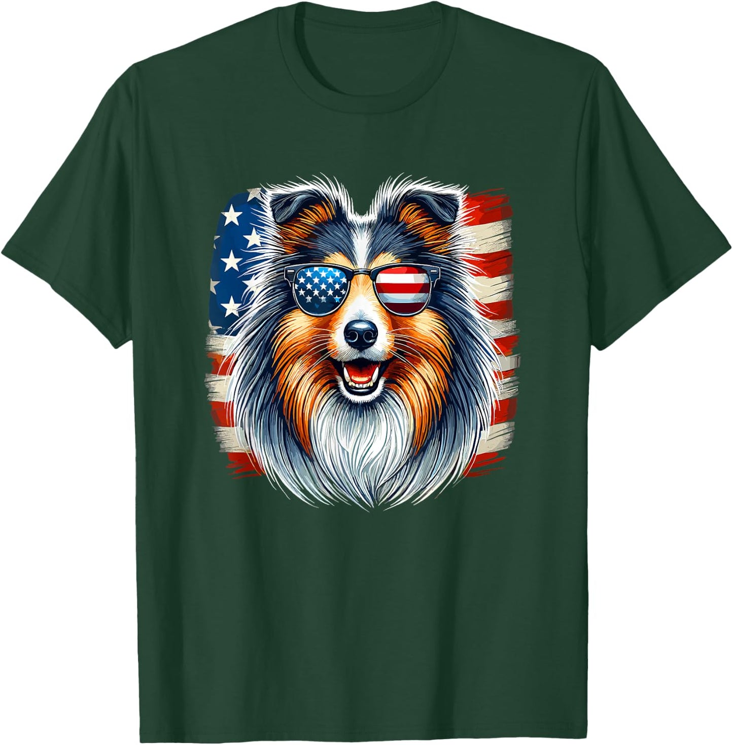 American USA Flag Shetland Sheepdog Sheltie 4th Of July T-Shirt - T-Shirt | Forest