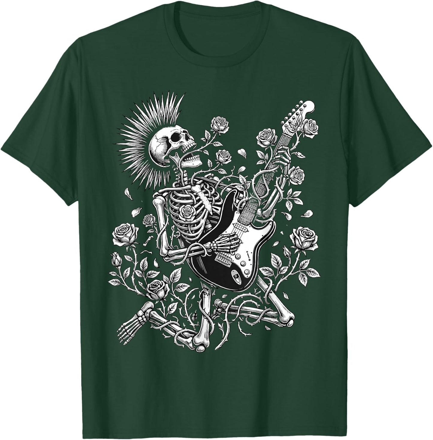 Rock and Roll Rose Skeleton Playing Guitar T-Shirt - T-Shirt | Forest