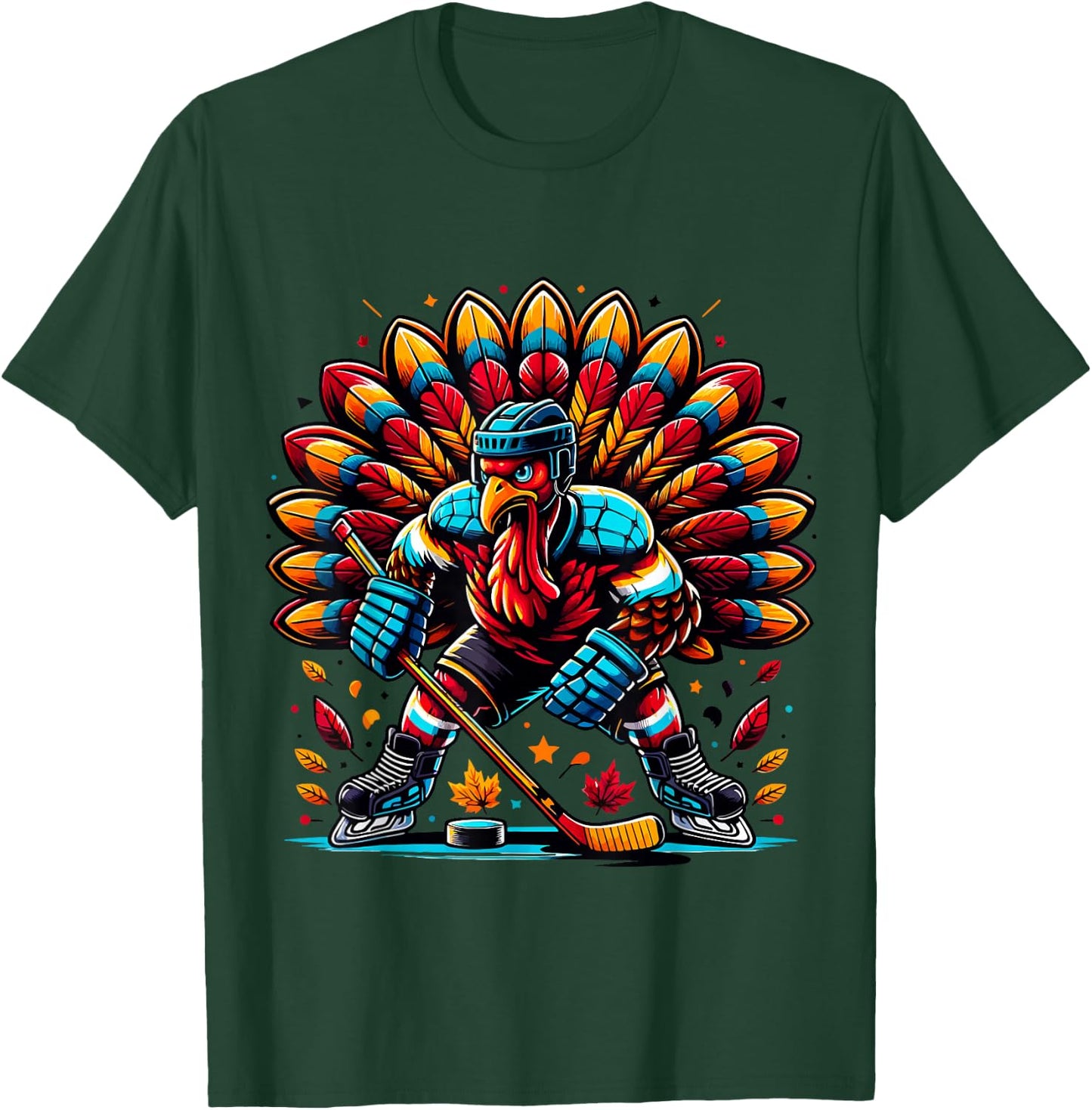 Thanksgiving Ice Hockey Turkey Playing Hockey Thankful T-Shirt - T-Shirt | Forest