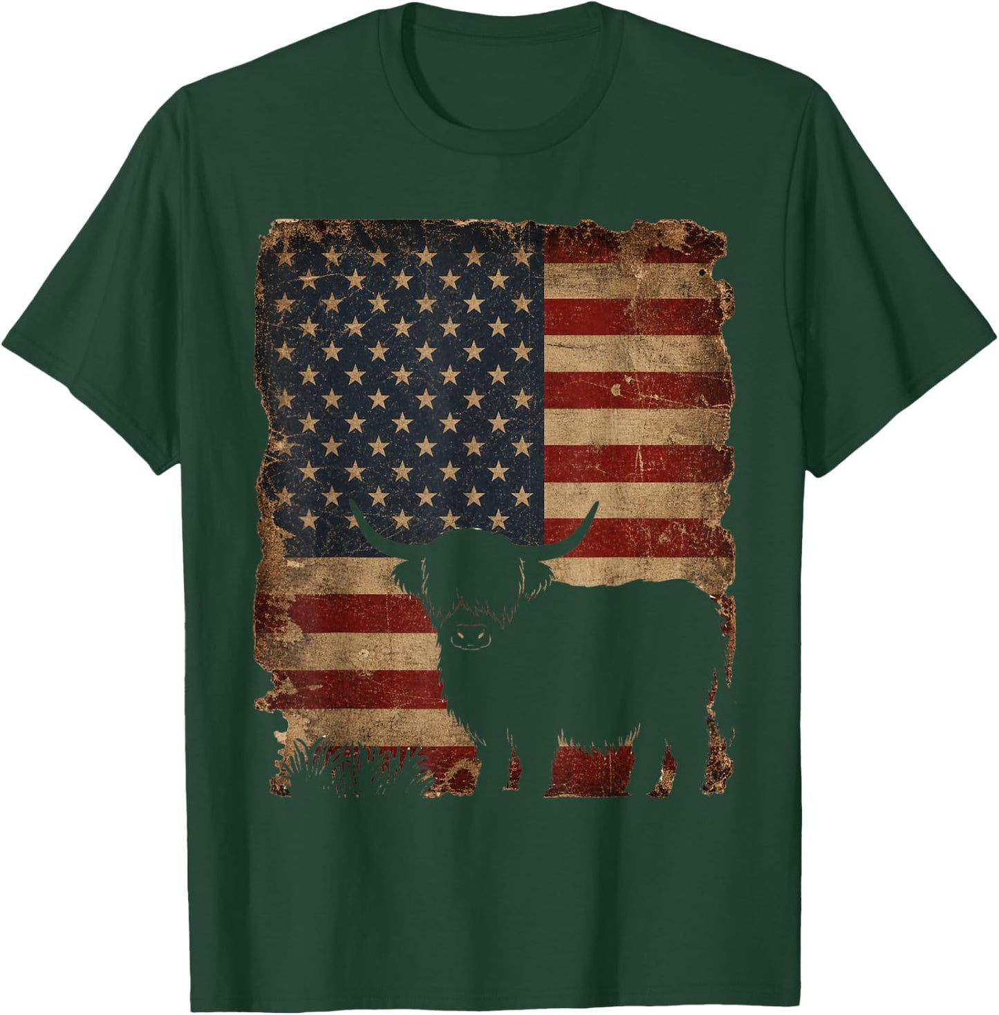 Highland Cow 4th of July Vintage American Flag T-Shirt - T-Shirt | Forest