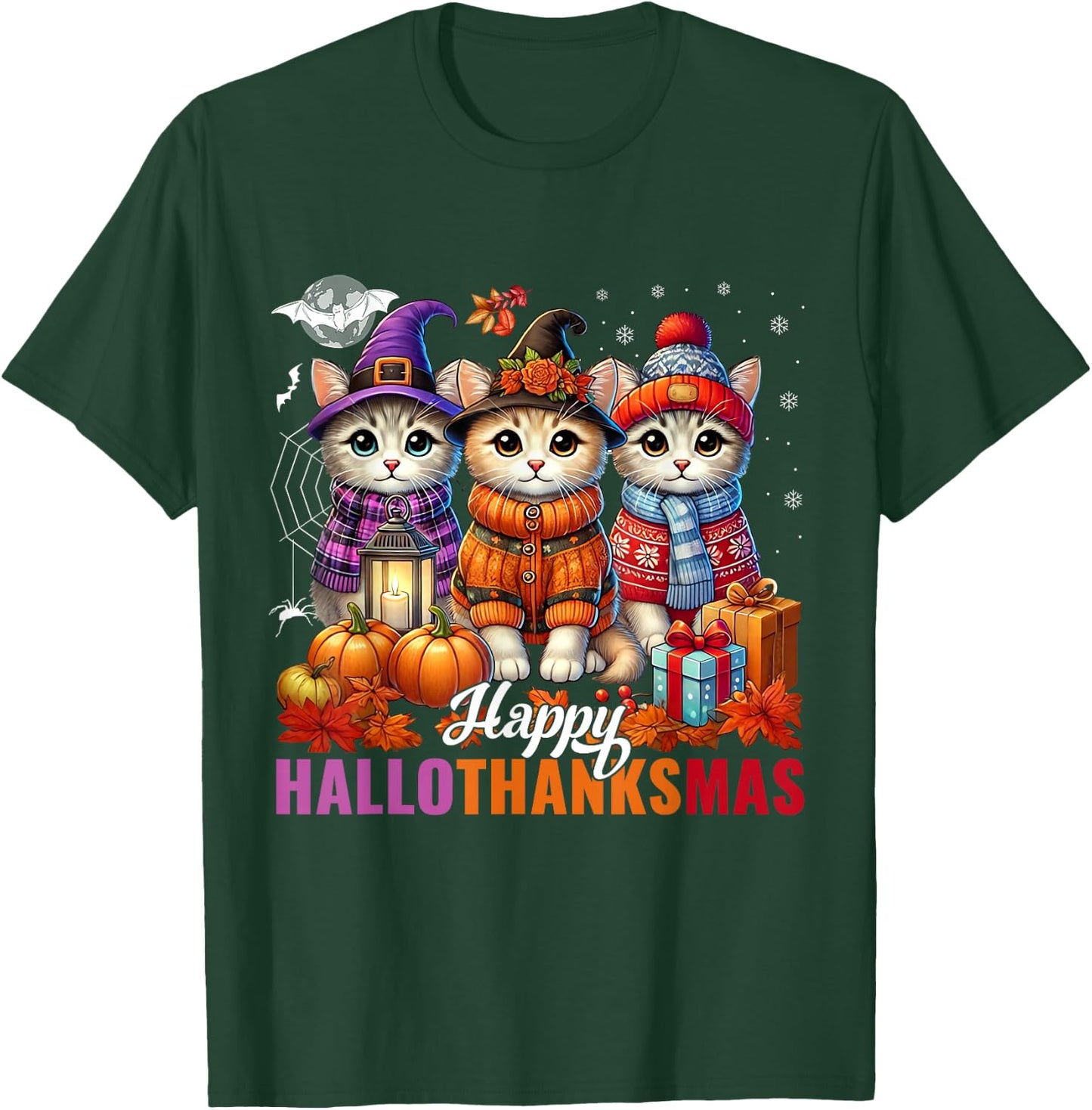 Halloween Thanksgiving Christmas Happy HalloThanksMas Cats T-Shirt - T-Shirt | Forest