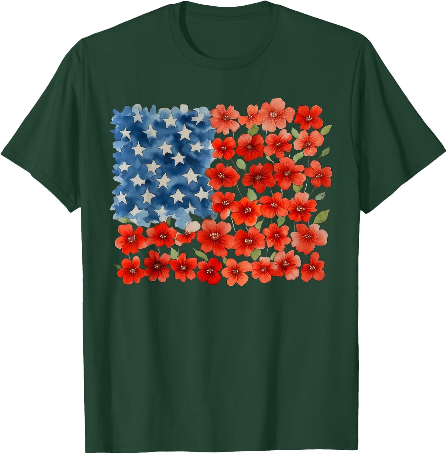 Women 4th of July Floral American Flag Wildflowers Patriotic T-Shirt - T-Shirt | Forest