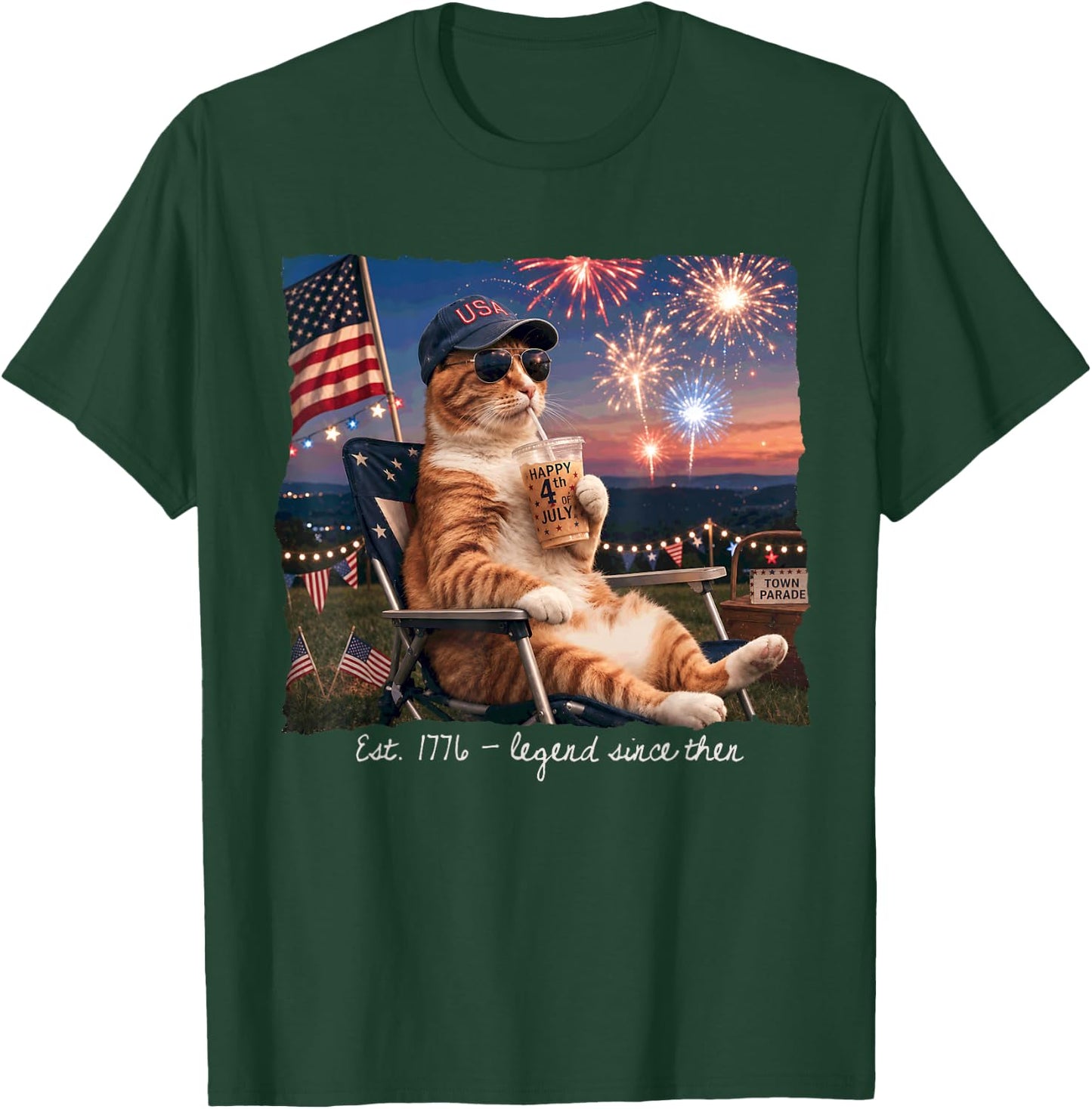 Funny 4th of July Cat Fireworks Est 1776 Legend Since Then T-Shirt - T-Shirt | Forest