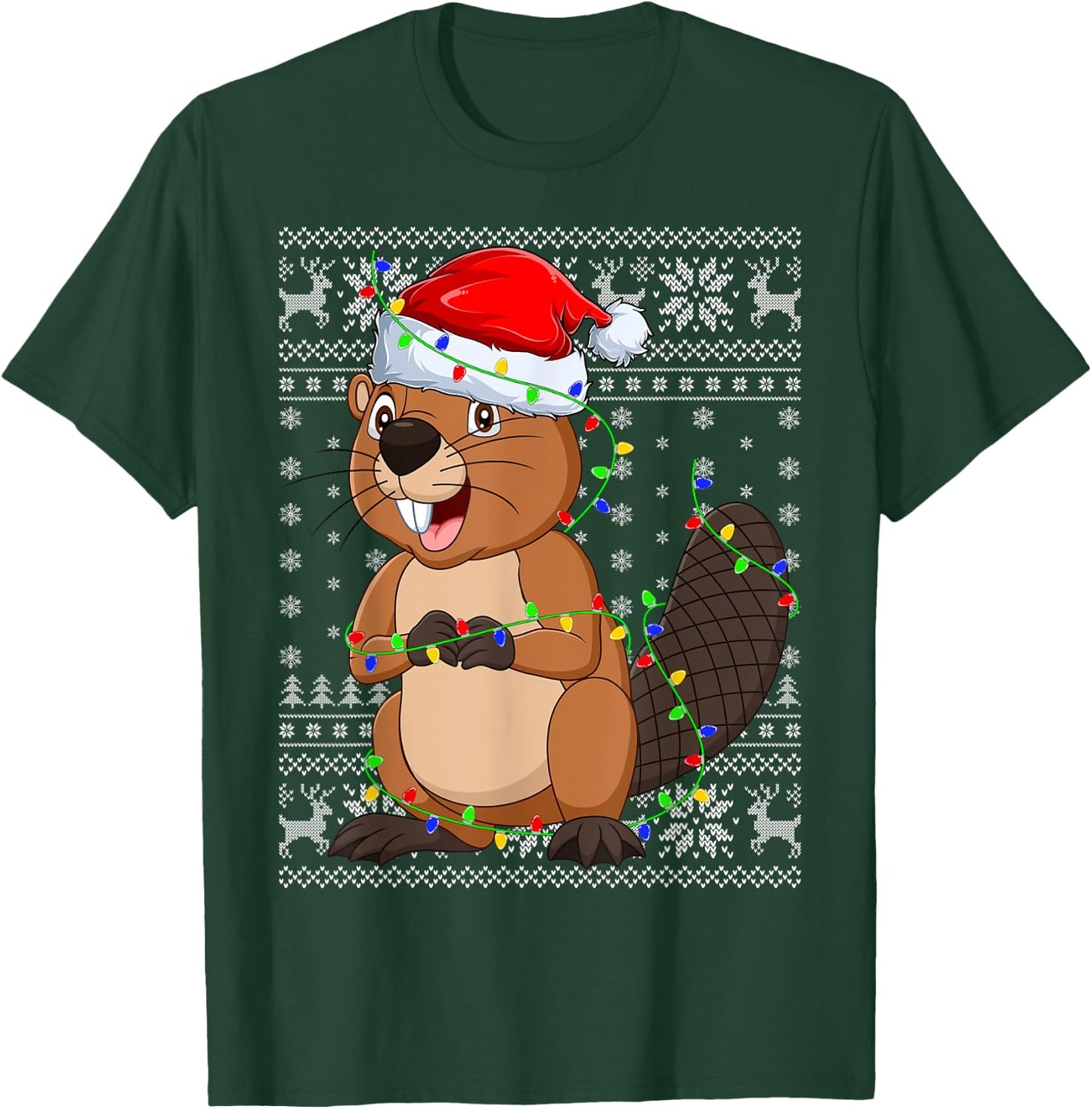 Ugly Sweater Xmas Lights Santa Hat Beaver Christmas T-Shirt - T-Shirt | Forest
