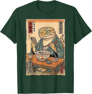 Funny Leopard Gecko Eating Ramen Noodle Retro Japanese Gifts T-Shirt - T-Shirt | Forest