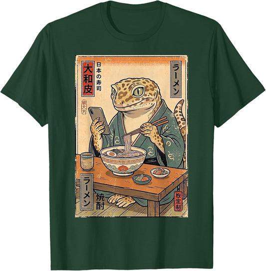 Funny Leopard Gecko Eating Ramen Noodle Retro Japanese Gifts T-Shirt - T-Shirt | Forest