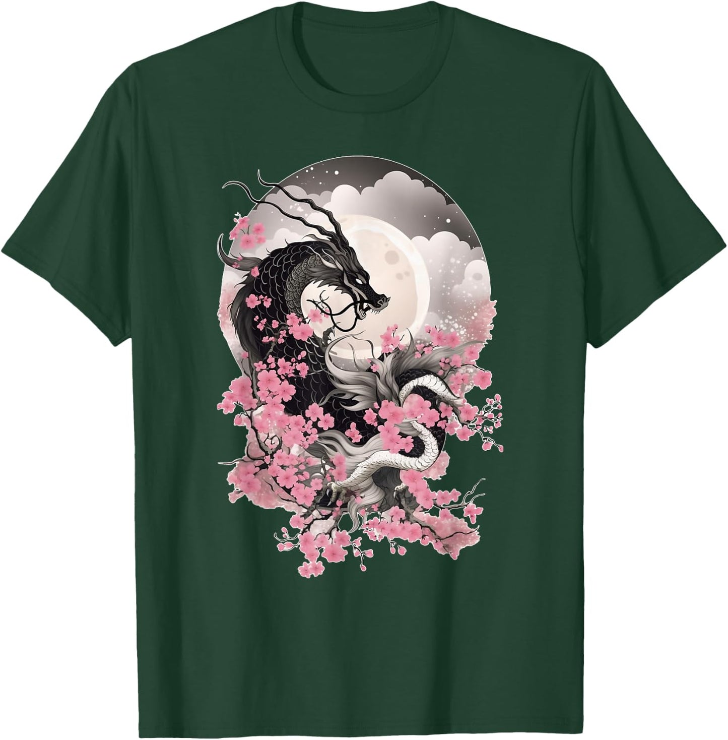 Japanese Dragon & Cherry Blossom Men & Women Full Moon Asian T-Shirt - T-Shirt | Forest