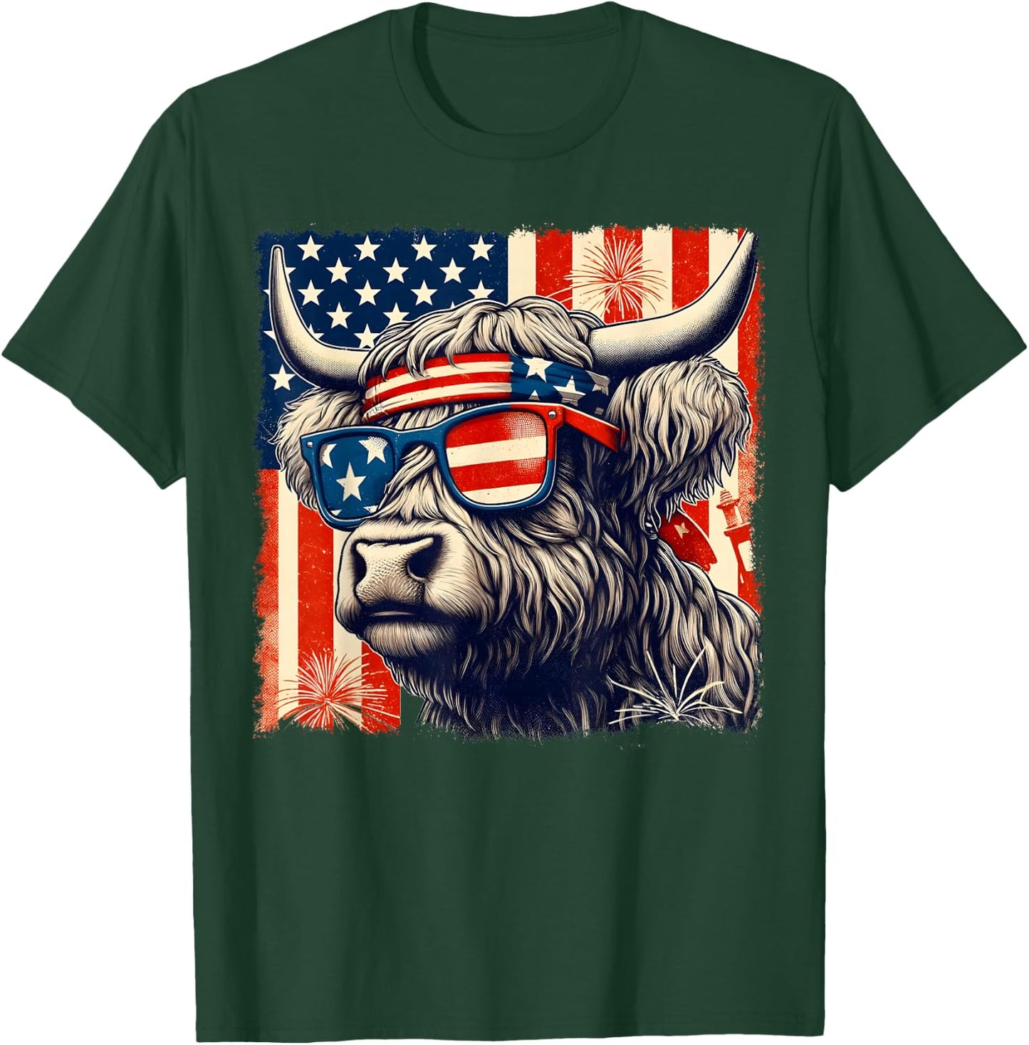 Highland Cow Sunglasses American Flag 4th of July Farmer T-Shirt - T-Shirt | Forest