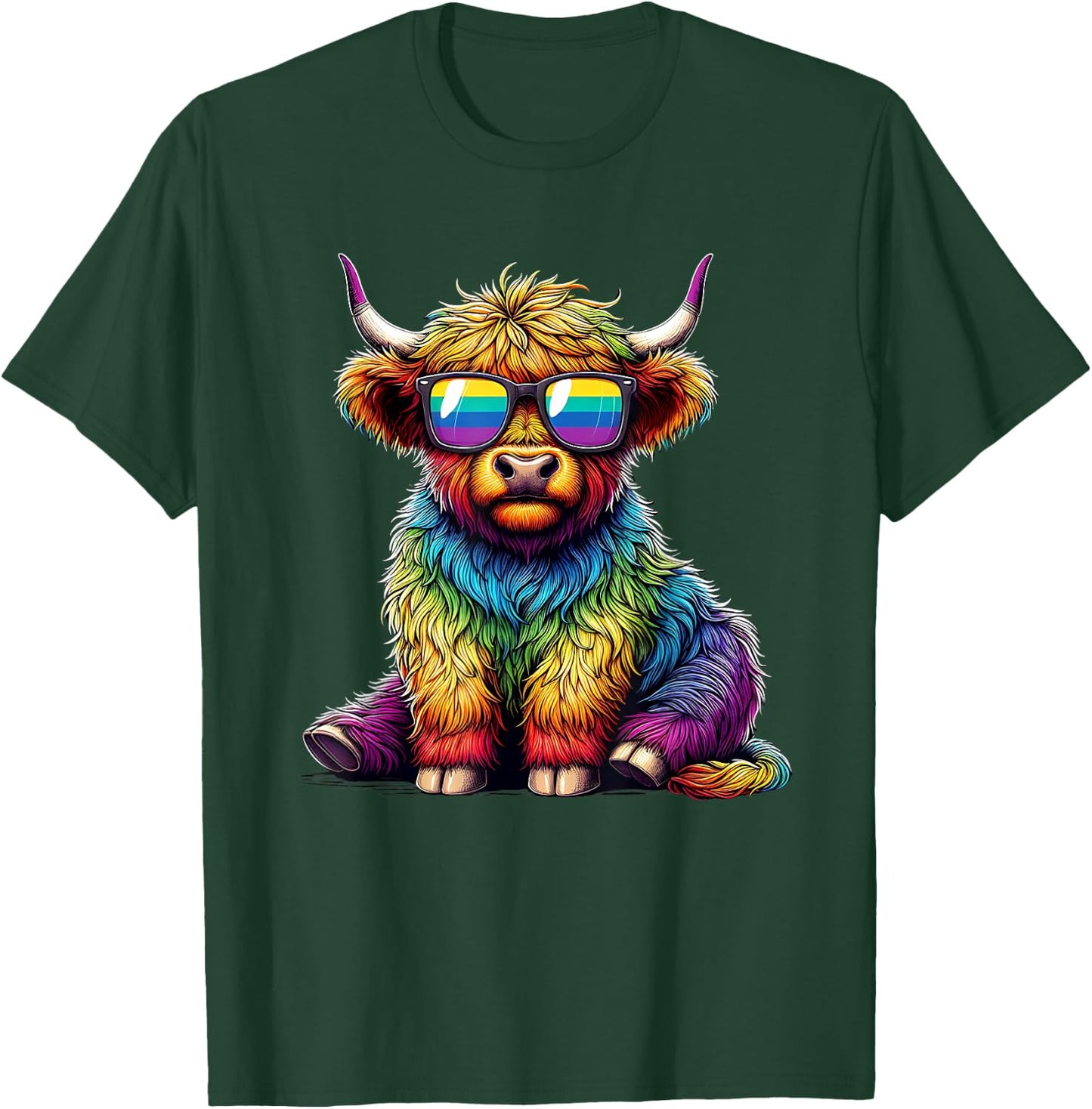 Cool Highland Cow Pride Rainbow LGBTQ+ Men Women Kids T-Shirt - T-Shirt | Forest