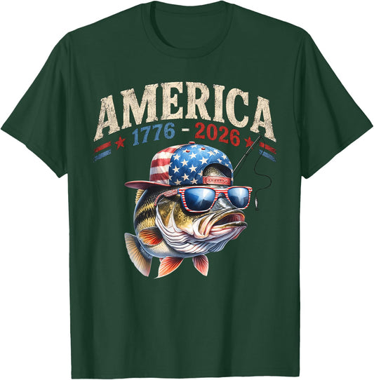 250 America Years 1776 2026 Fishing USA Flag 250th Birthday T-Shirt - T-Shirt | Forest