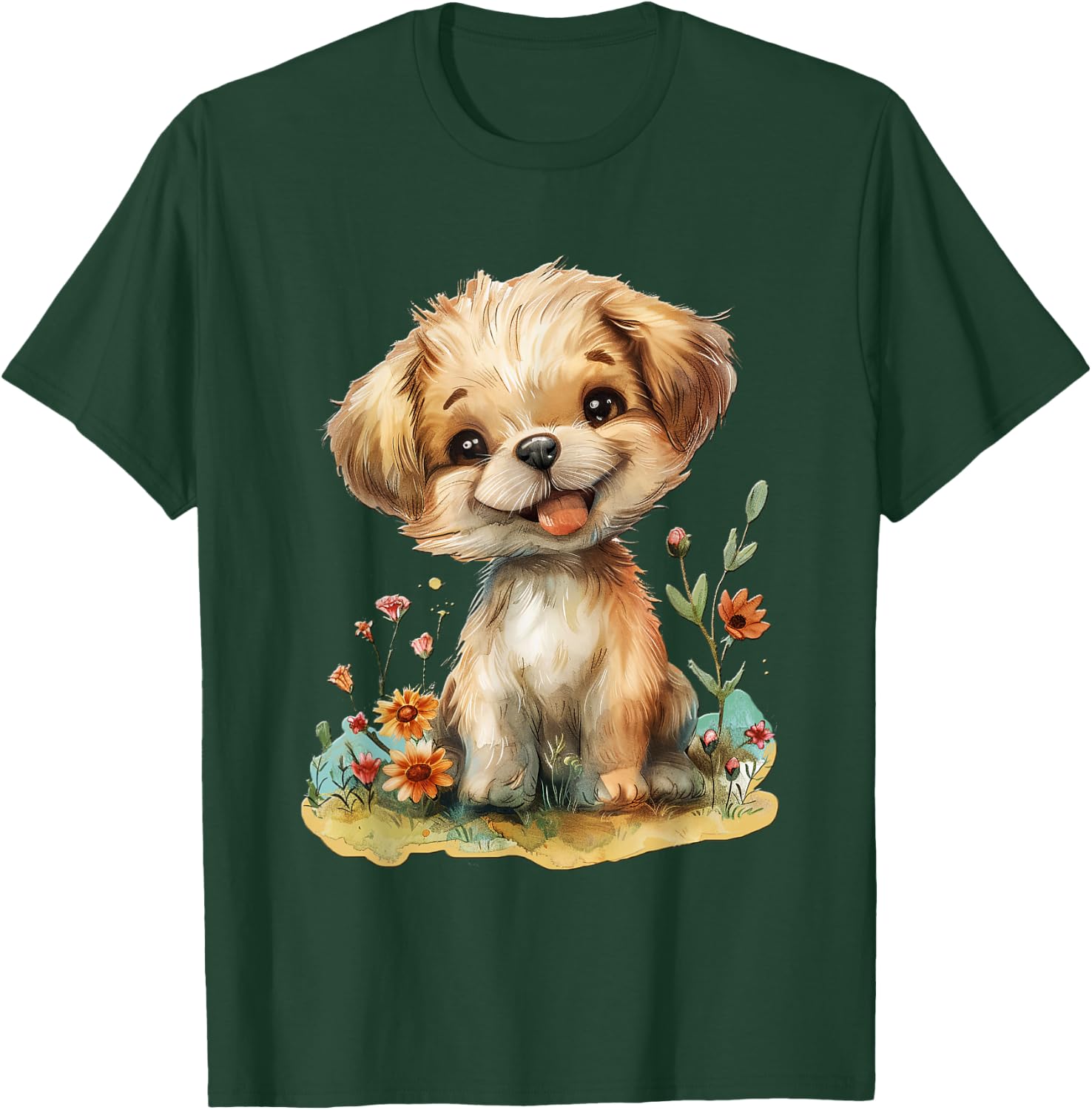 Baby Welpe mit Blumen süßer Hund Mädchen Tochter T-Shirt - T-Shirt | Forest