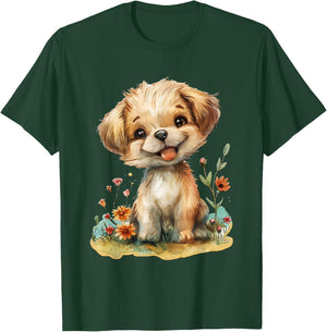 Baby Welpe mit Blumen süßer Hund Mädchen Tochter T-Shirt - T-Shirt | Forest