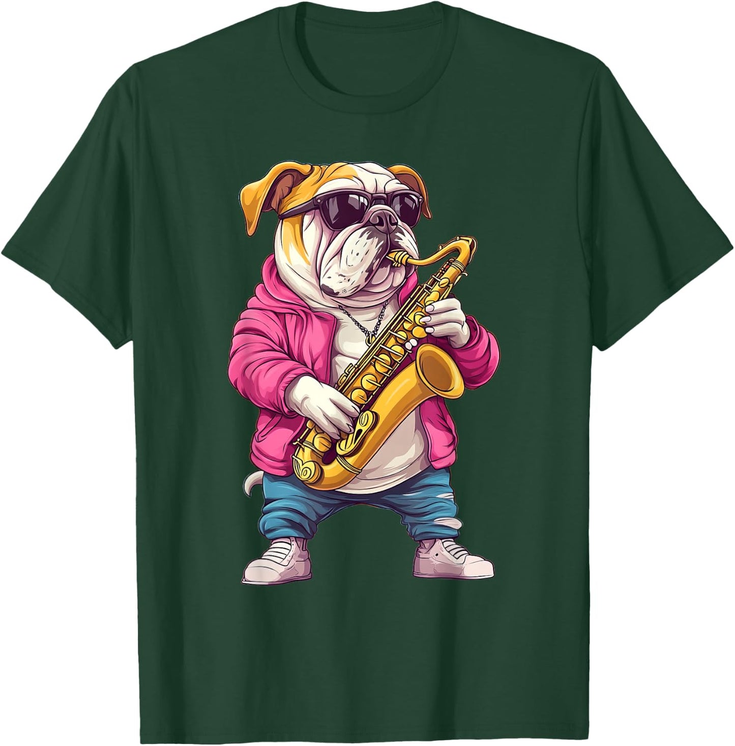 Cute English Bulldog Dog Playing Saxophone Musician Music T-Shirt - T-Shirt | Forest