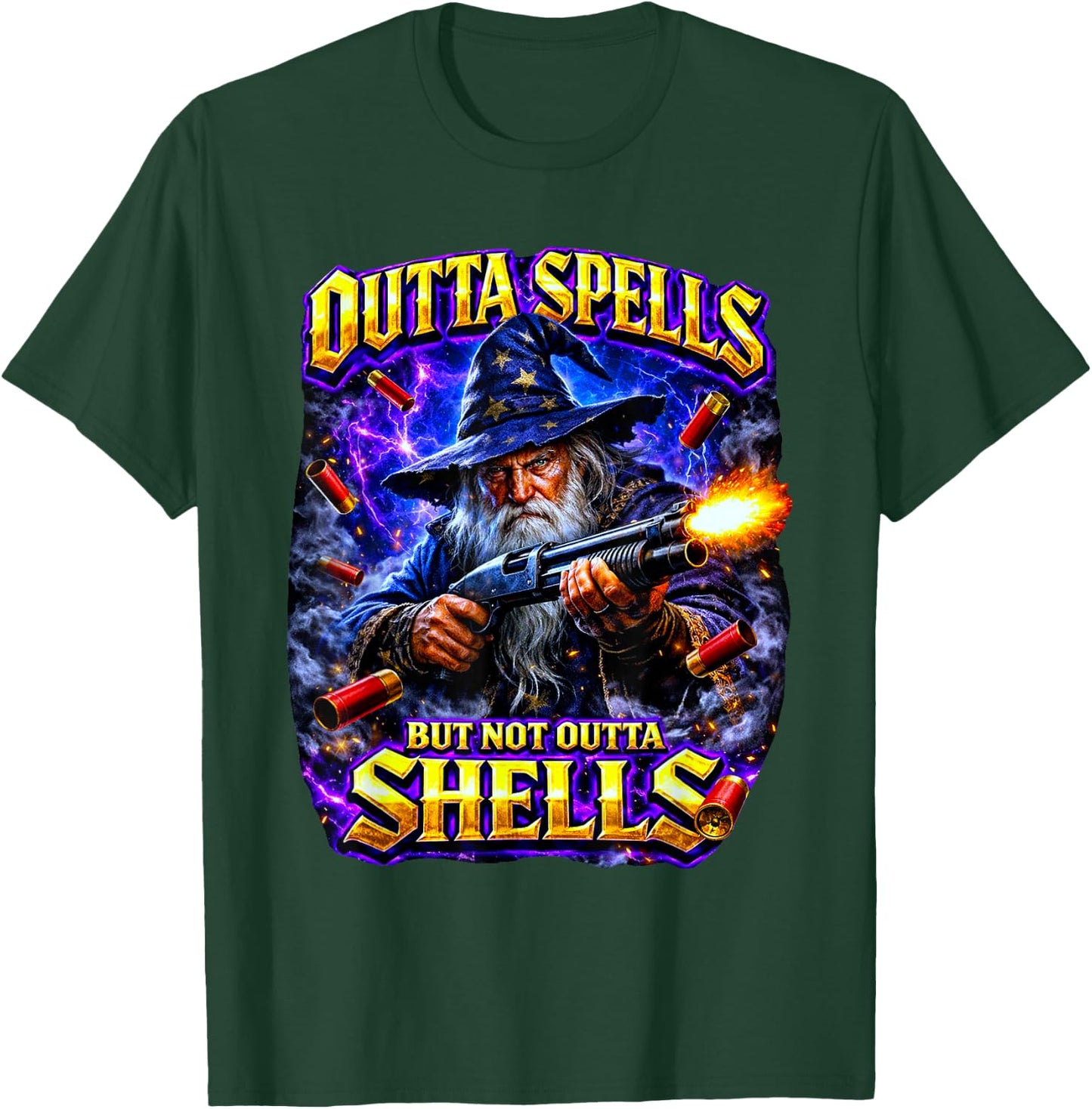 Outta Spells But Not Outta Shells Wizard Meme Bootleg Style T-Shirt - T-Shirt | Forest