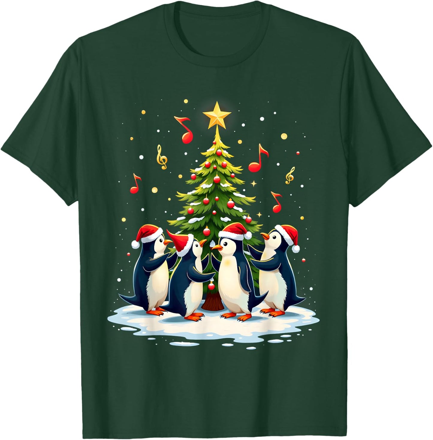 Kids Festive Penguins Singing Around Christmas Tree - Black, Small T-Shirt - T-Shirt | Forest