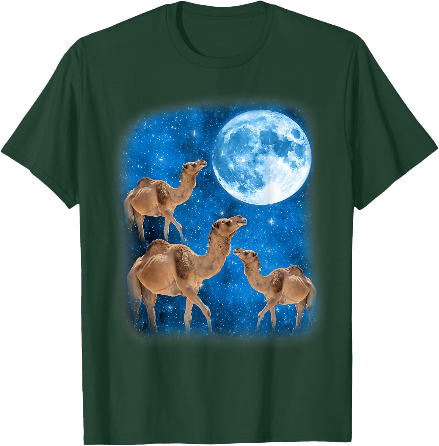 Camel Howling At The Space Full Moon At Night Starry Sky T-Shirt - T-Shirt | Forest