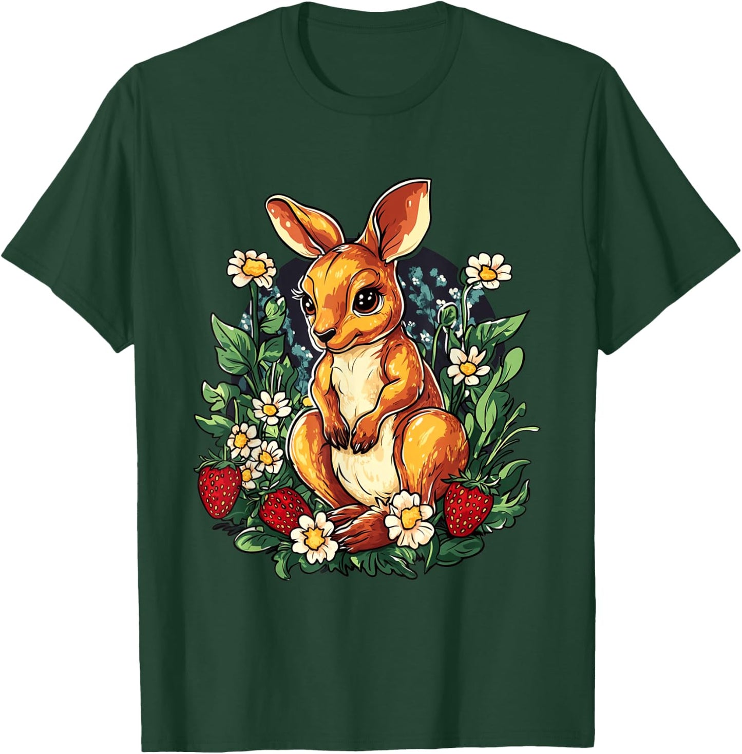 Kangaroo Strawberries and Flowers Graphic Cute Kangaroo T-Shirt - T-Shirt | Forest