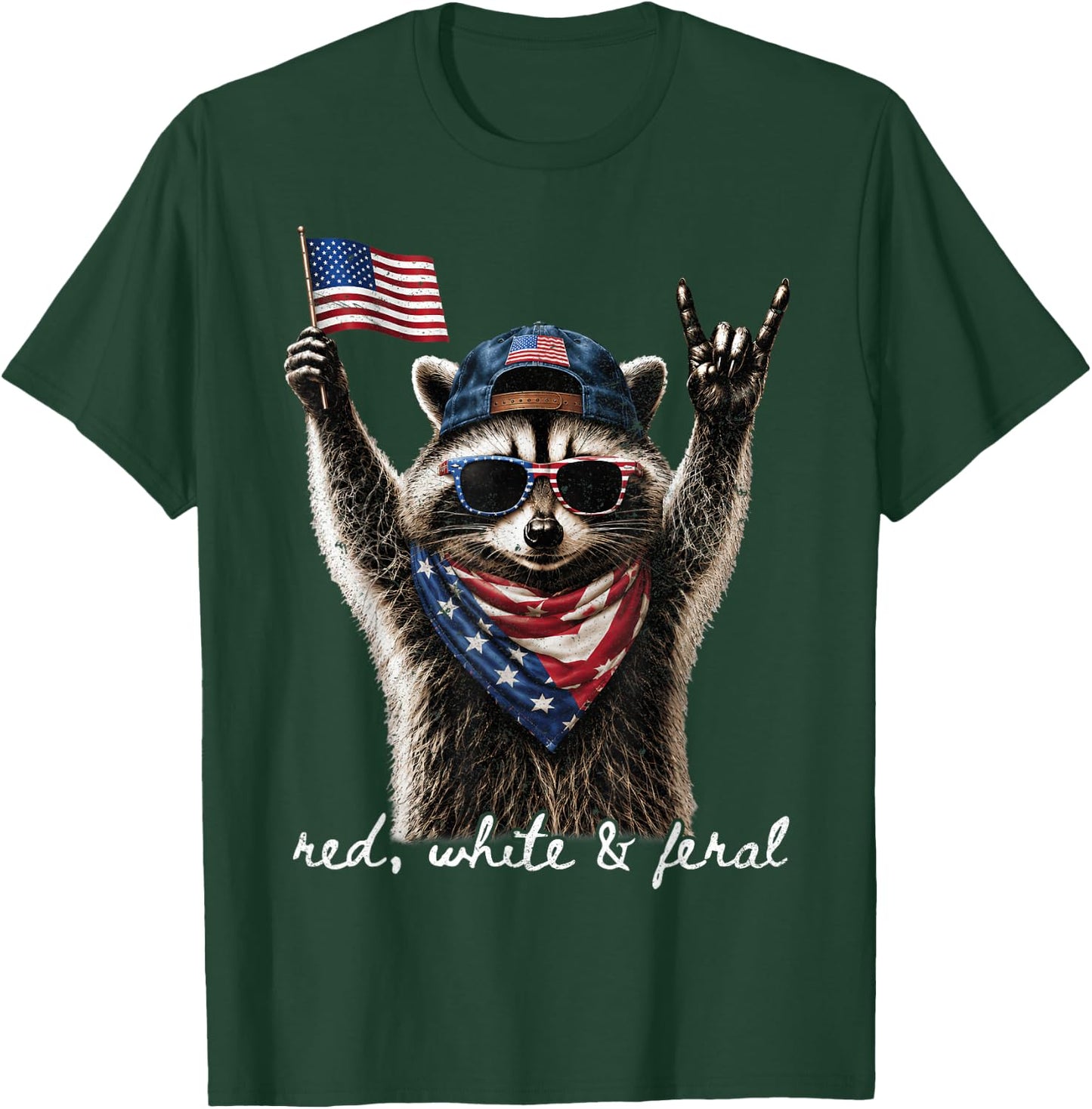 Red White & Feral Funny Patriotic Raccoon Rock 4th of July T-Shirt - T-Shirt | Forest