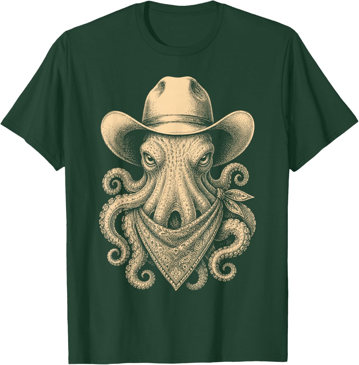 Vintage Octopus Cowboy Hat Bandana Retro Western T-Shirt - T-Shirt | Forest