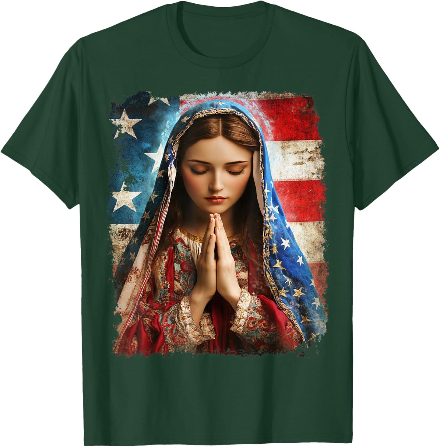 US Flag American The Virgin Mary Religious Christian T-Shirt - T-Shirt | Forest
