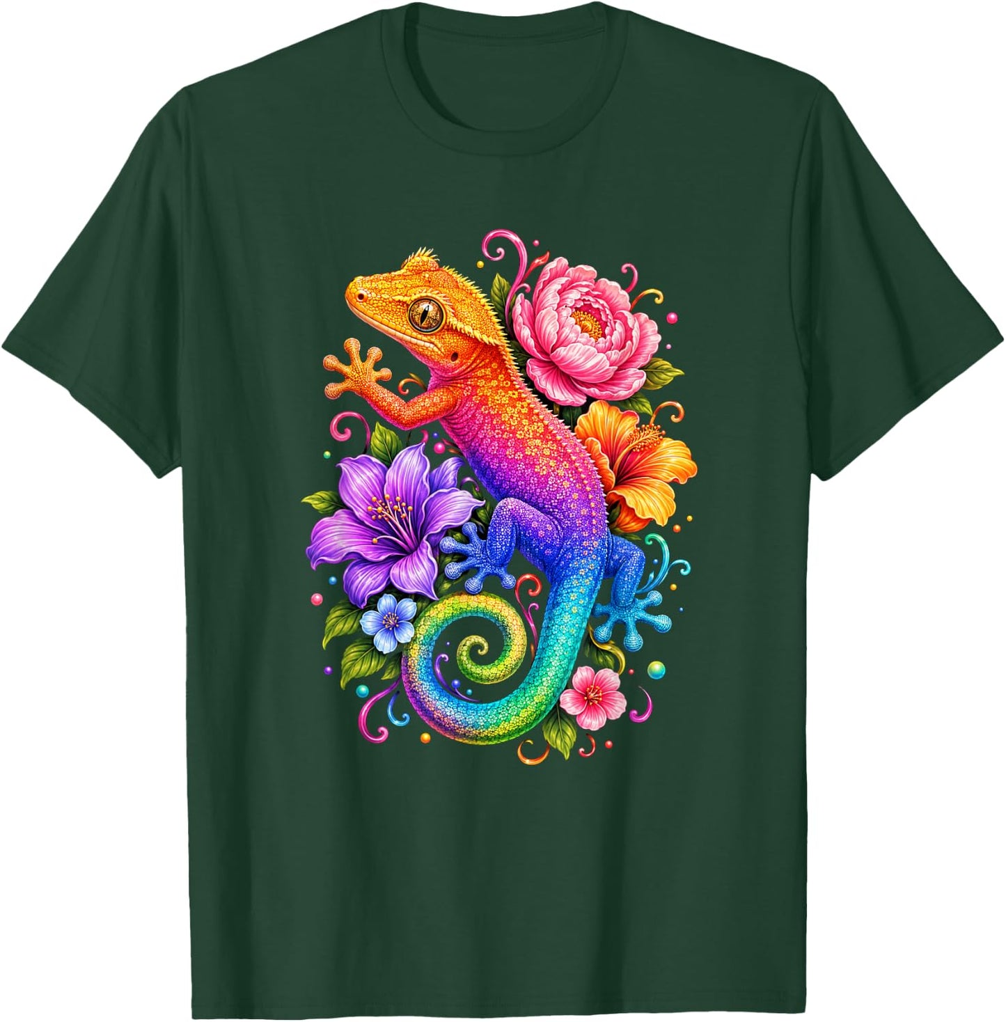 Cute Colorful Crested Gecko Flowers Rainbow Women Girls Kids T-Shirt - T-Shirt | Forest