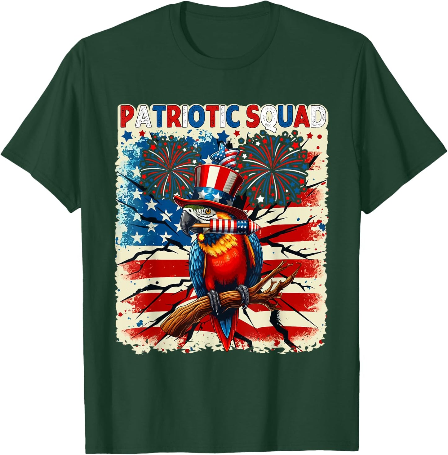 Patriotic Squad Parrot 4th Of July Fireworks US Flag Lover Kids Men T-Shirt - T-Shirt | Forest